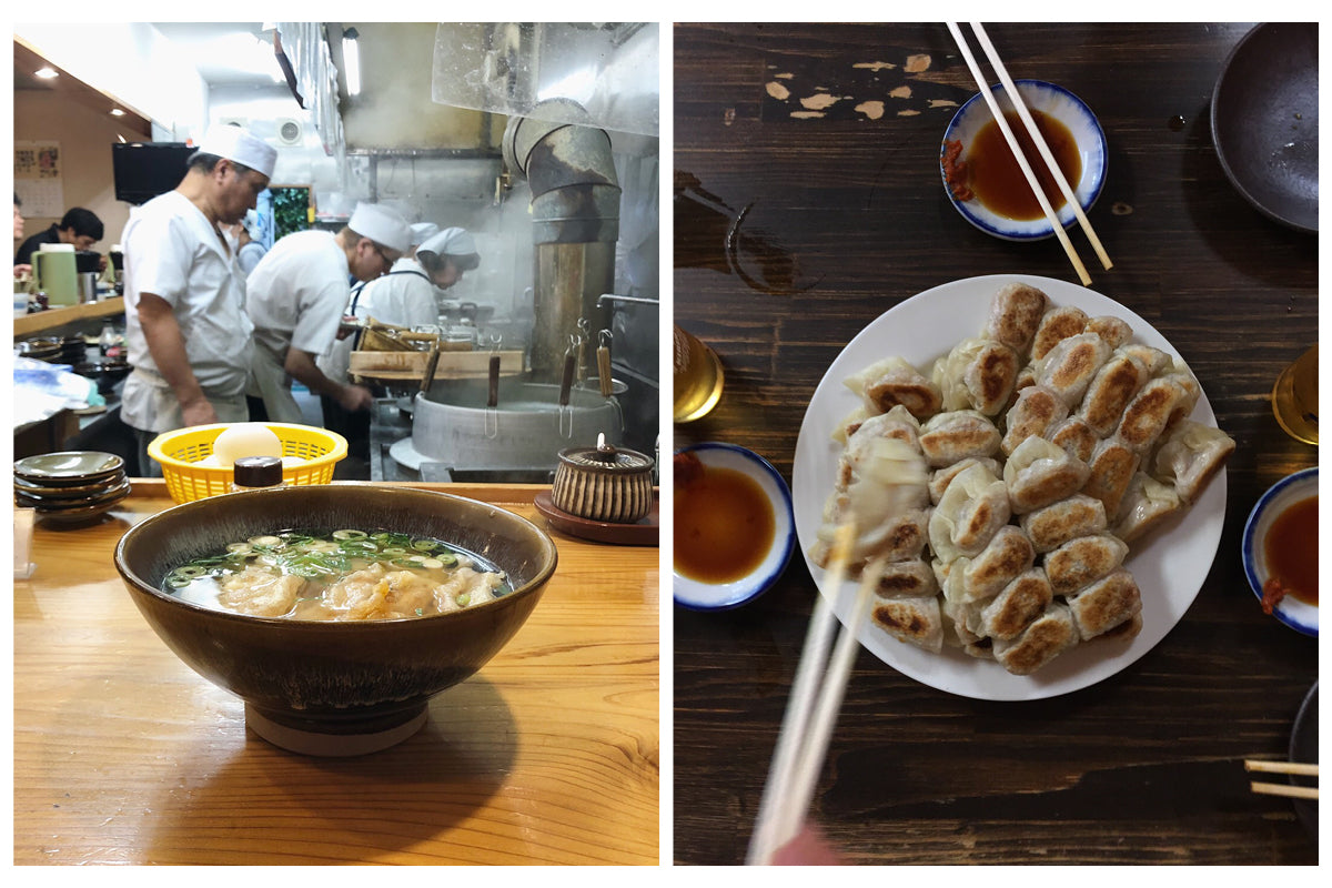 Image on the left is of an open restaurant kitchen where chef's prepare Japanese food.  Image on the right is a top down view of a plate of fried dumplings.