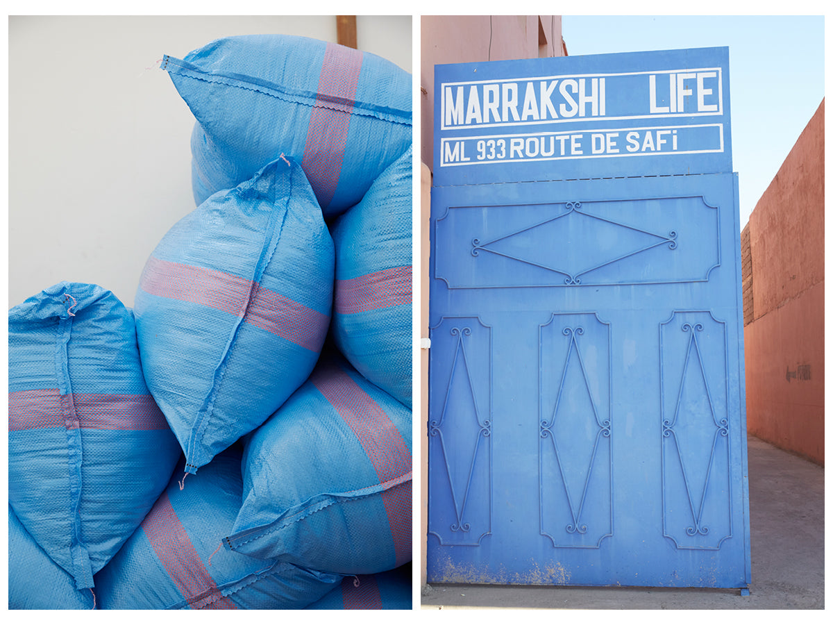The first image is of a pile of blue bags with red stripes. The second image is of an ornate blue door displaying Marrakshi Life, ML 933 Route de Safi.