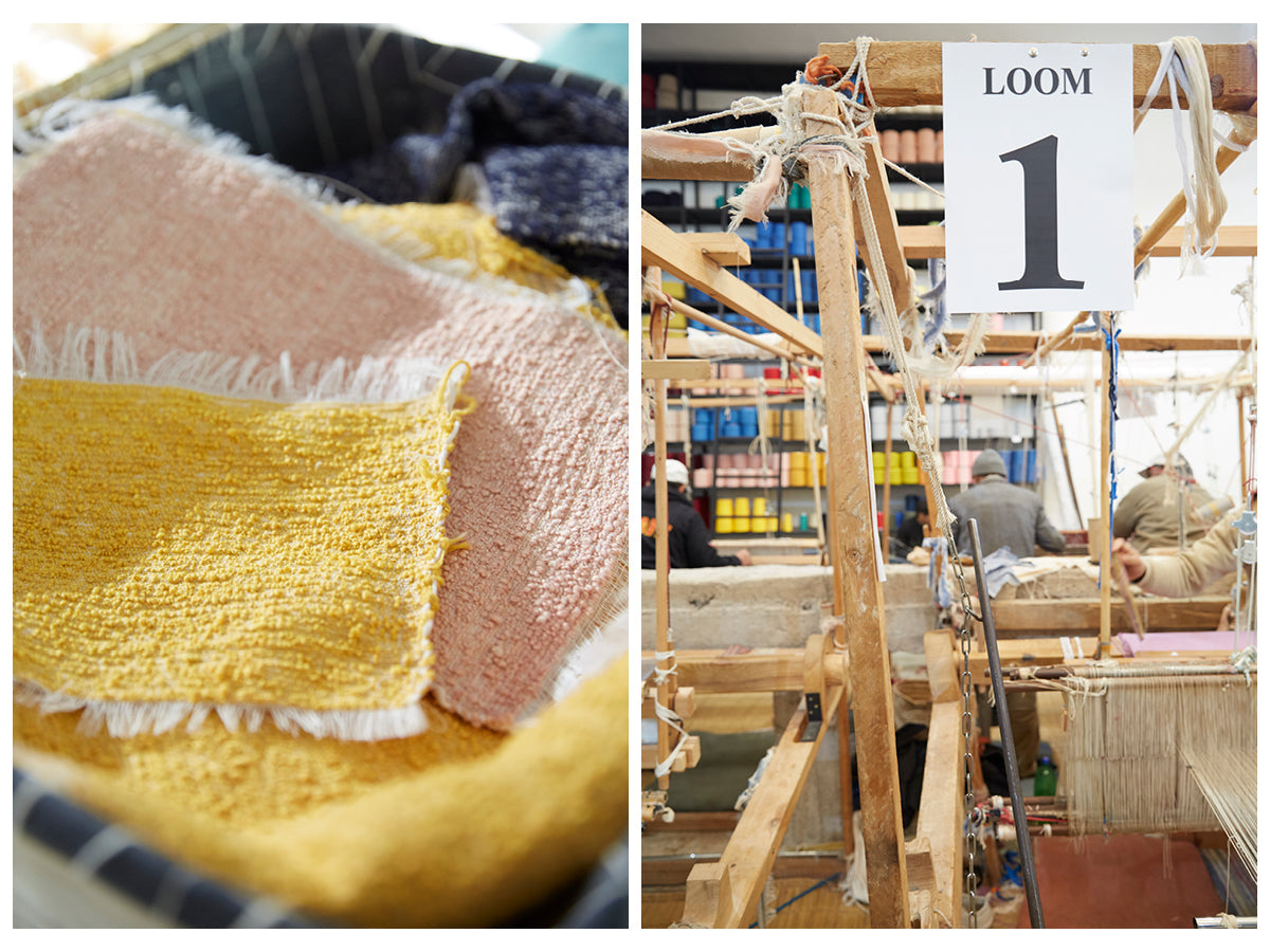 The first image is of yellow and pink woven textile swatches. The second image is of artisans working at their looms in the Marrakshi Life atelier.