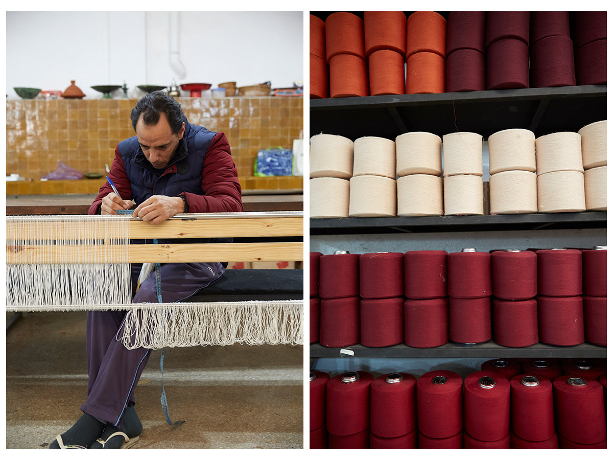 The first image shows a male artisan working at a weaving loom in the Marrakshi Life atelier. The second image is of shelves holding rows of ecru, orange, red and burgundy yarn spools.