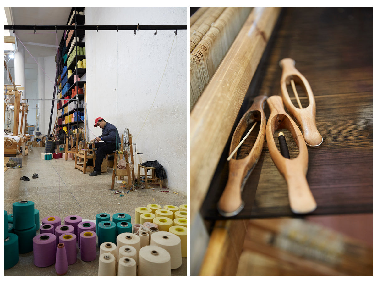 The first image is of a male artisan sitting at a yarn spinning wheel, rows of brightly colored yarn spools can be seen in the foreground and background. The second image is a close up of three wooden weaving shuttles resting on a large hand loom.