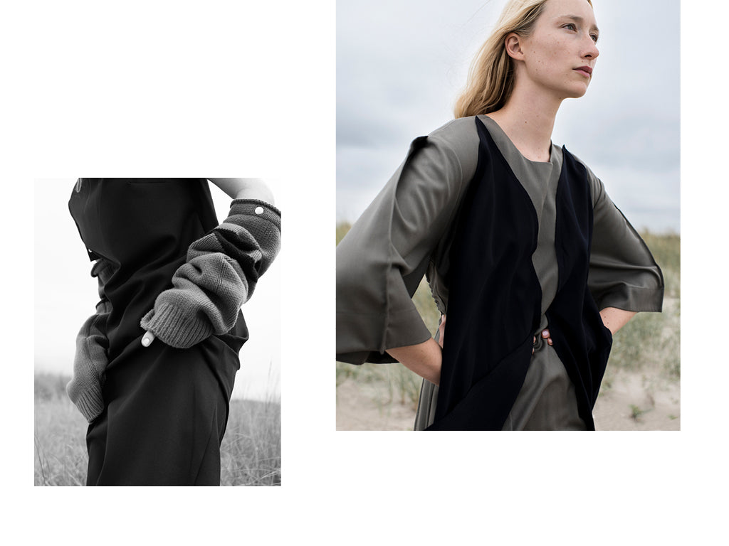 The first image is a Black and White crop of a woman wearing a Hache Dress with removable sleeves. The second image is a front view crop of the same blonde haired woman wearing a Grey/Green dress with Black panels by Yulia Kondranina.