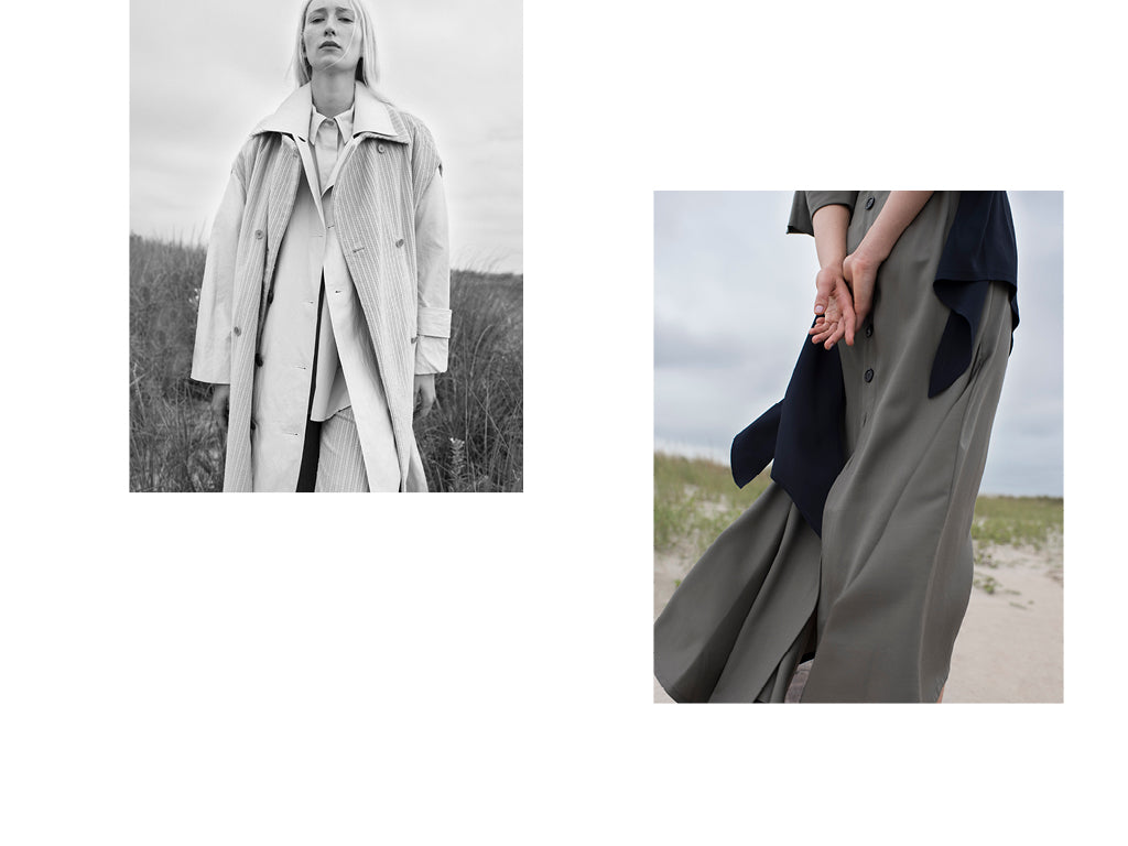 The first image is a Black and White crop of a blonde haired woman wearing a cotton shirt, corduroy pant and jacket by Nehera with a trench coat by Rejina Pyo. The second image is a back view crop of the same woman wearing a Grey/Green dress with Black panels by Yulia Kondranina.