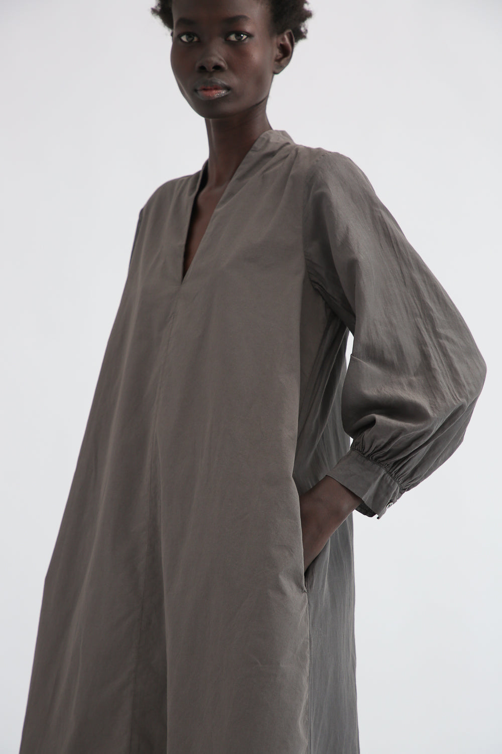 Beautiful V-Neck Dress - Silk & Cotton in Ancient Soot