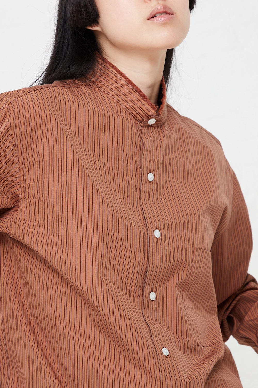 Handmade Mao Shirt with Fringed Collar in Noisette Stripes