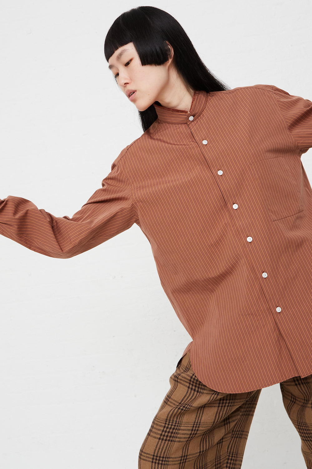 Handmade Mao Shirt with Fringed Collar in Noisette Stripes