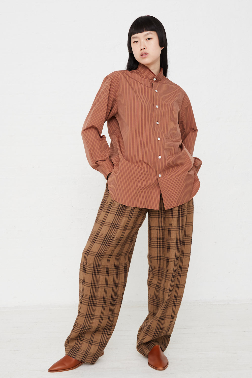 Handmade Mao Shirt with Fringed Collar in Noisette Stripes