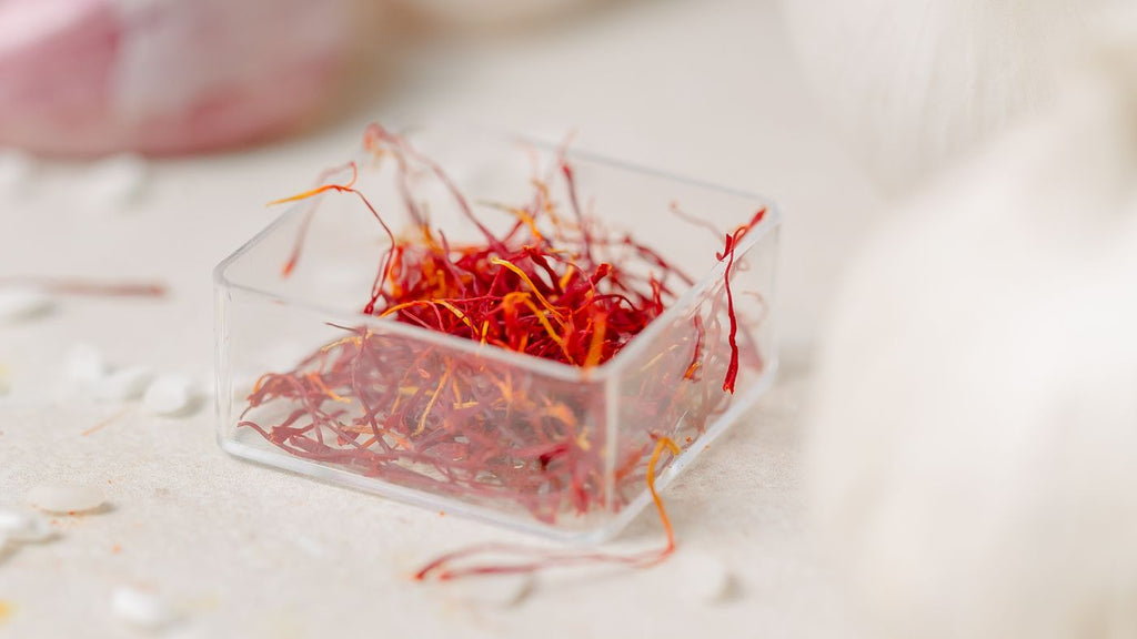 saffron strands in a squared jar