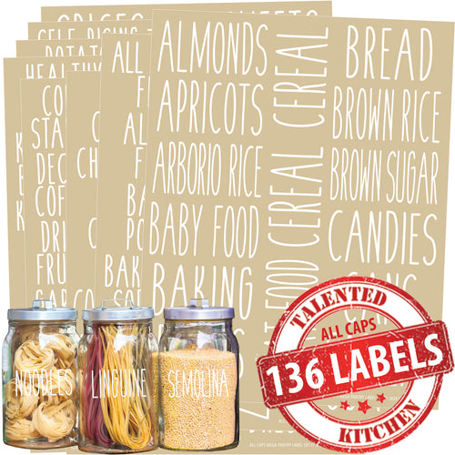 Talented Kitchen 158 Chalkboard Pantry Labels for Food Containers,  Preprinted White All Caps on Black Stickers for Jars, Kitchen Organization