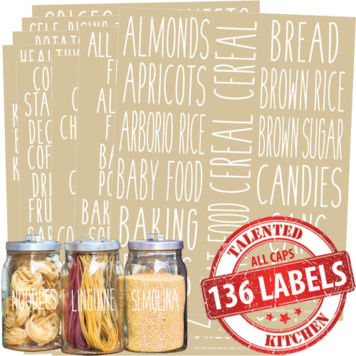 Talented Kitchen 145 Preprinted Spice Jar Labels with Seasoning Stickers,  Numbers, White All Caps Letters on Clear Water Resistant Vinyl