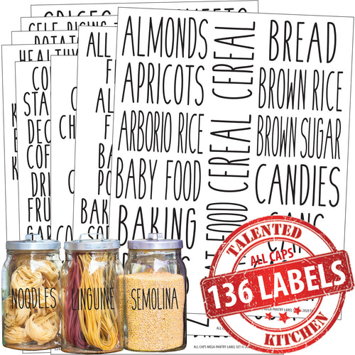 Talented Kitchen 145 Preprinted Spice Jar Labels with Seasoning Stickers,  Numbers, White All Caps Letters on Clear Water Resistant Vinyl