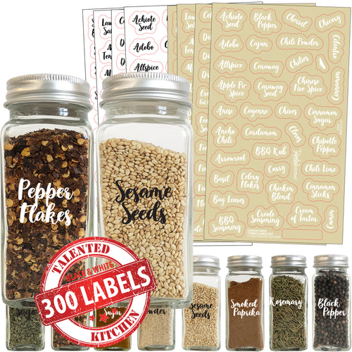 Talented Kitchen 300 Preprinted Spice Labels, Clear Spice Jar Labels for  Seasoning, Herbs, Pantry and Kitchen Spice Rack Organization, Black and  White