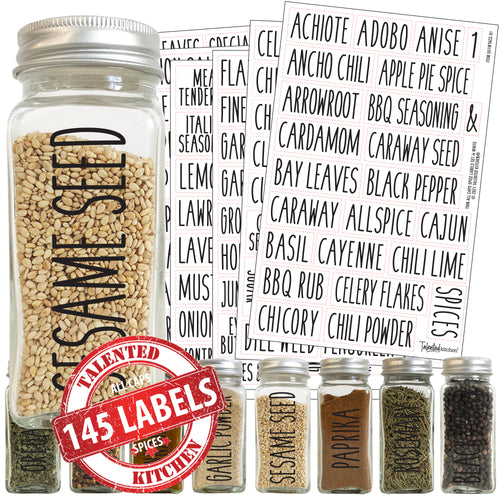 153 Preprinted Spice Jar Labels Stickers  White ALL CAPS on Clear  Stickers, 153 Labels - Baker's