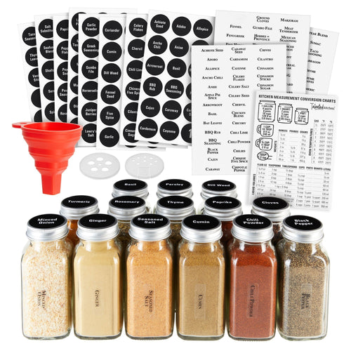 Talented Kitchen 8 Pack Large Glass Spice Bottles with 239 Preprinted Label  Stickers, 8 Ounce Empty Square Seasoning Jars with Shaker Lids & Silver