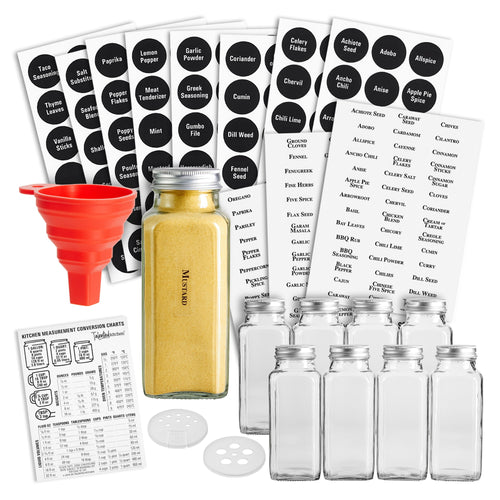 Talented Kitchen 24 Glass 6 oz Spice Jars with Lids and Labels, Sift/Pour, Course Shakers, Clear and Chalkboard Style Stickers