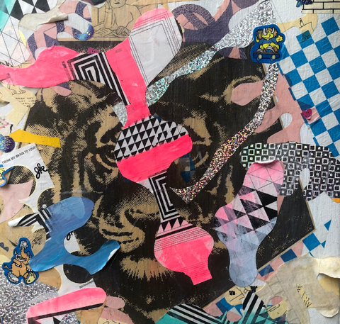 A collage with pink, white, blue, brown and black and a large tiger motif in the center