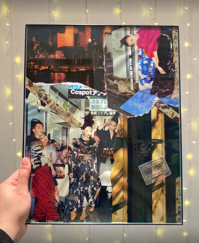 A collage made of pictures of a skyline, people on a train, and fashion shots mixed together with other pattern elements.