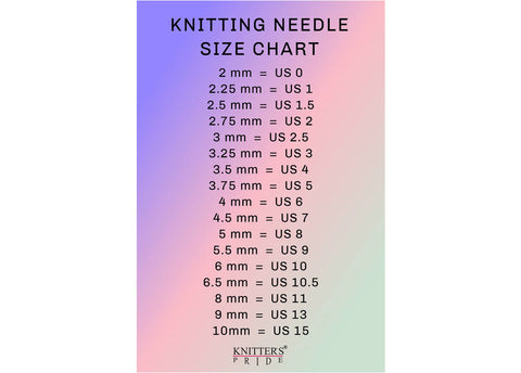A knitting needle size conversion chart from Knitter's Pride