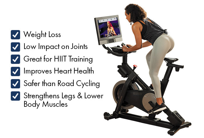 Exercise Bike Action Image with Benefits Highlighted