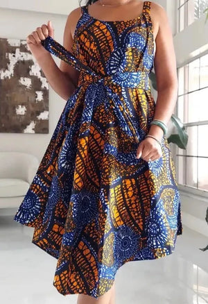 Cotton Wax Dye Dress - Gold & Blue - Cottonways