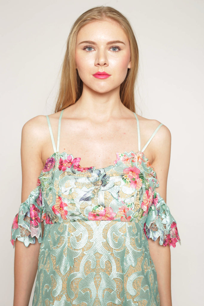 Printed floral lace slip dress with off shoulder sleeves - T.Tandon