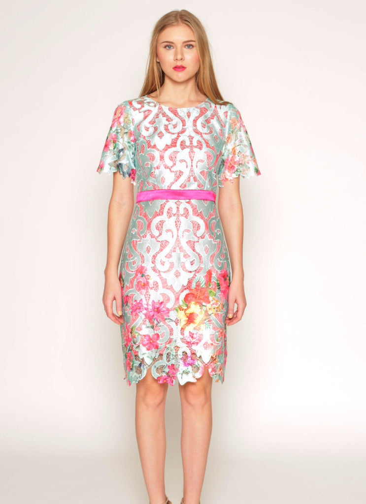 Printed floral lace shift dress with bell sleeves - T.Tandon