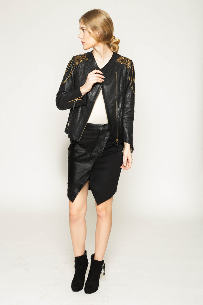 Vegetable dyed, shoulder embellished leather jacket - T.Tandon