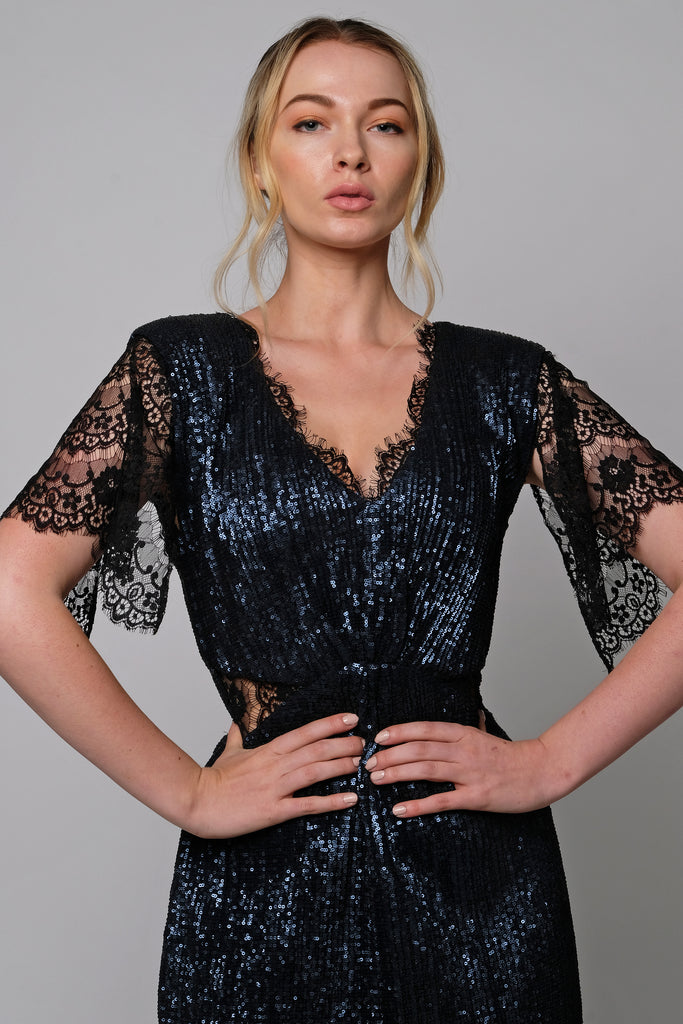 Slinky sequins cocktail dress with lace sleeves - T.Tandon