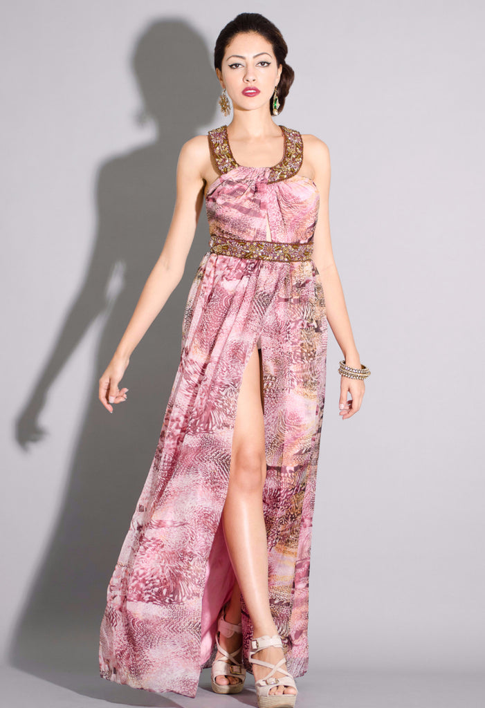 Beaded Neckline and Waist, printed chiffon gown - T.Tandon