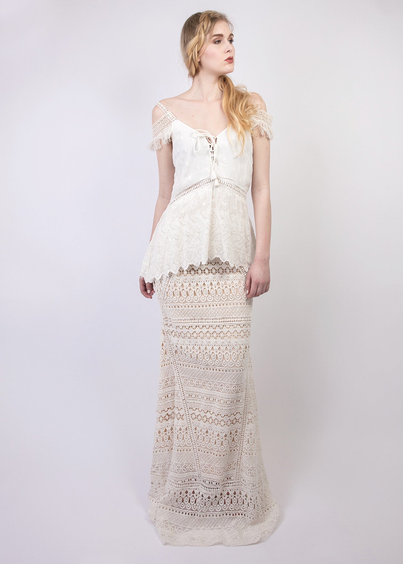 Lace peplum + fringe detail maxi dress – T.Tandon