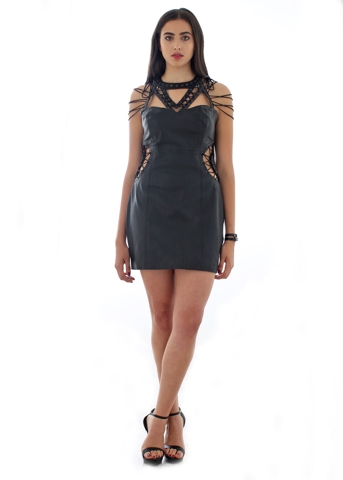 Leather cutout mini body-con dress