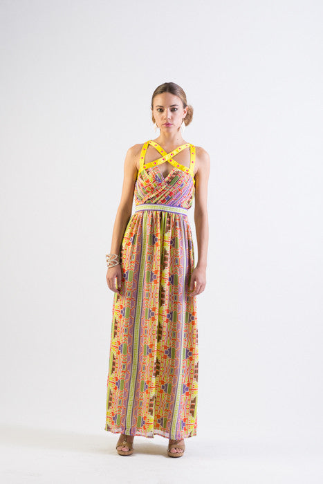 Multi-color tribal print chiffon maxi dress with straps detail – T.Tandon