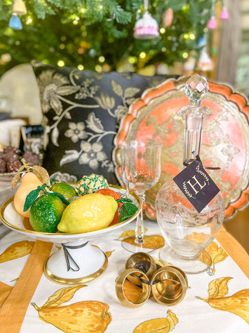 Crystal decanter and Christmas tree ornaments