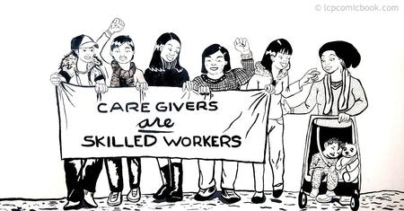 an illustration of women holding a banner that says caregivers are skilled workers
