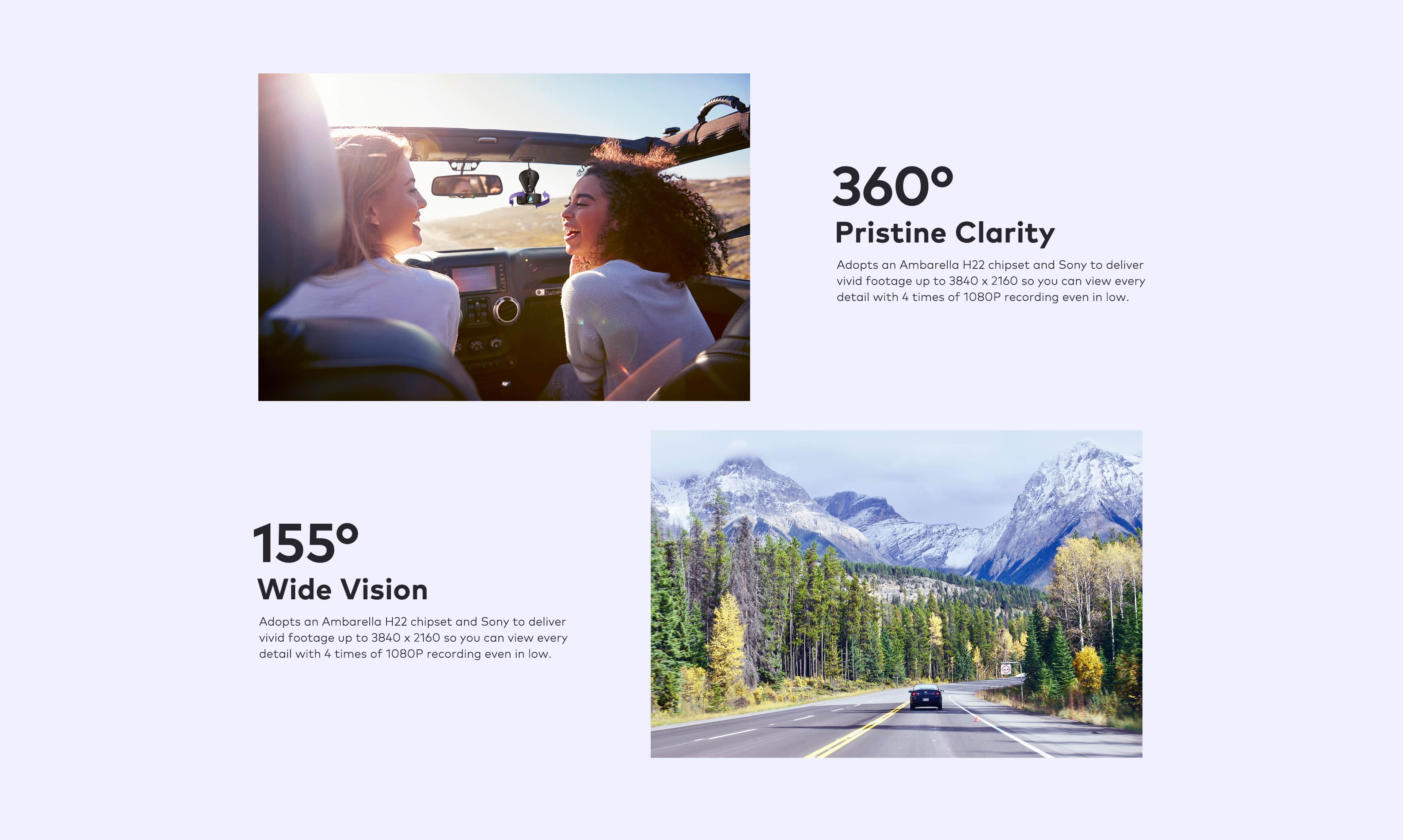 Two women driving in a car with the VAVA dash cam in the top picture, and a car driving down a road surrounded by trees and mountains in the bottom picture