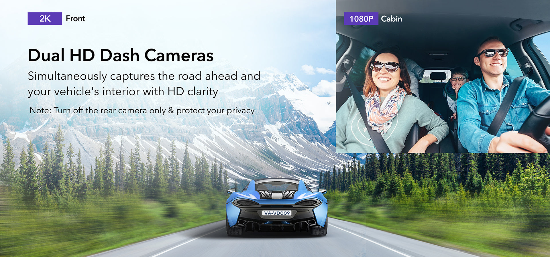 VAVA 2K Dual Dash Cam showing the 2K front view and 1080P cabin view, blue car driving down a road surrounded by trees and mountains