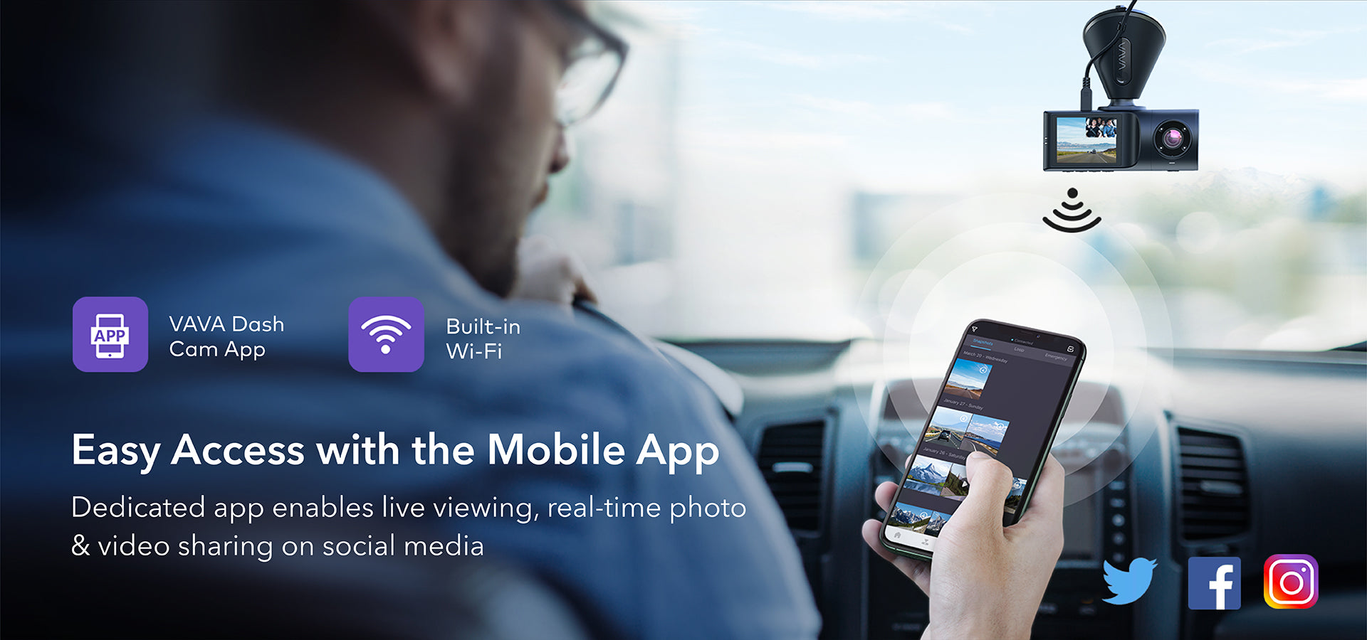 Driver operating the VAVA dash cam app in a car to demonstrate ease of access