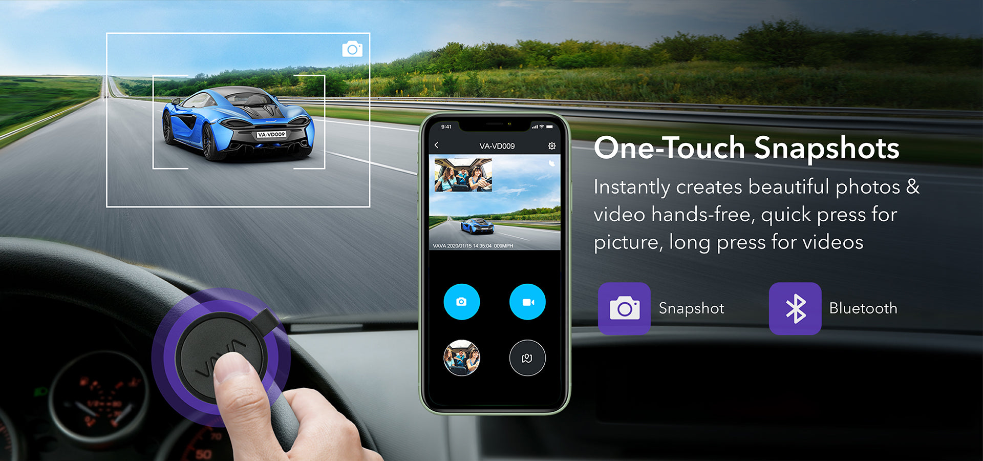 VAVA dash cam snapshot button installed on a steering wheel to activate one-touch snapshots