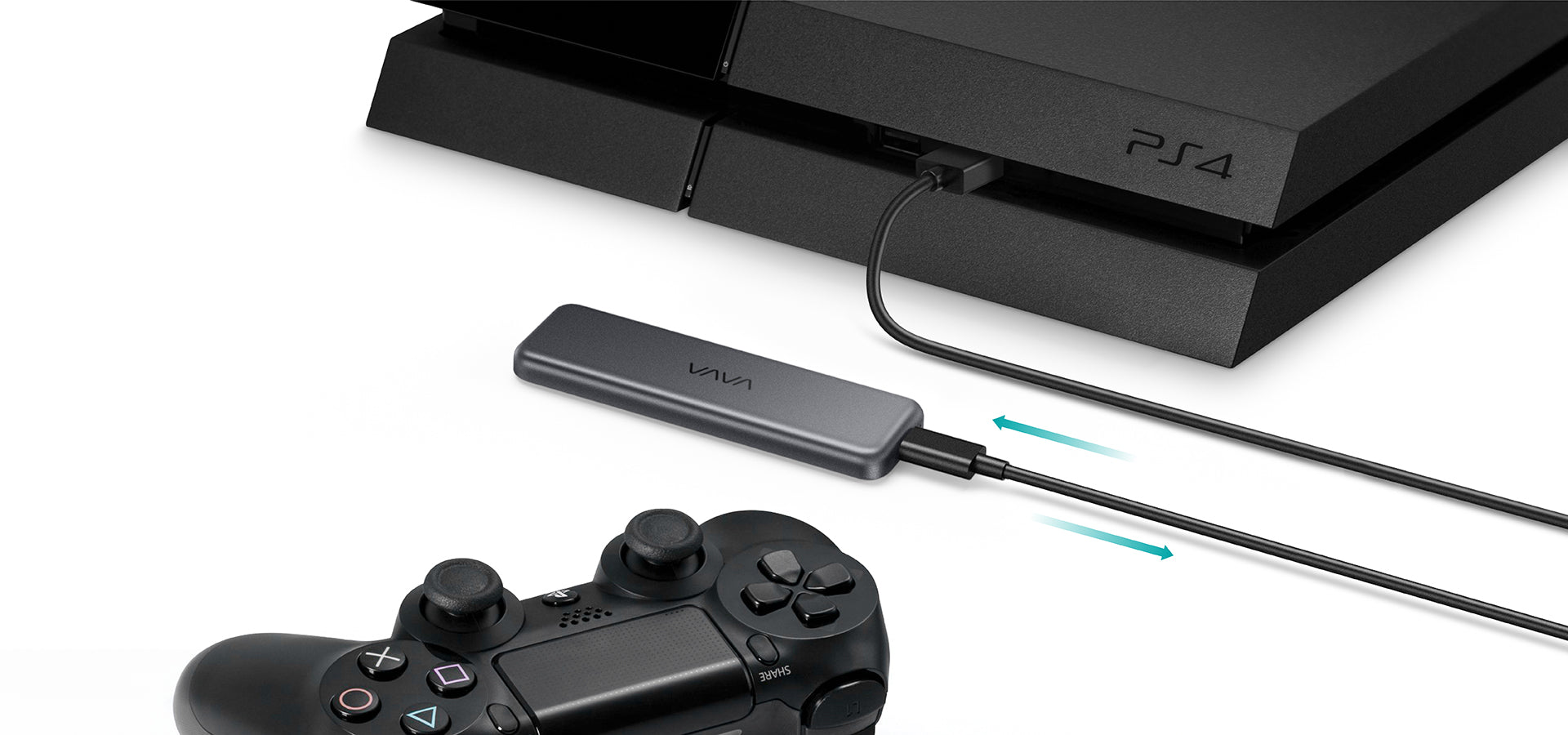 VAVA portable SSD hooked up to a PS4 next to a game controller