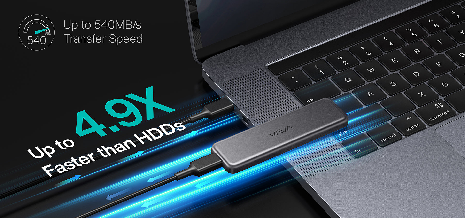 VAVA portable SSD hooked up to a laptop