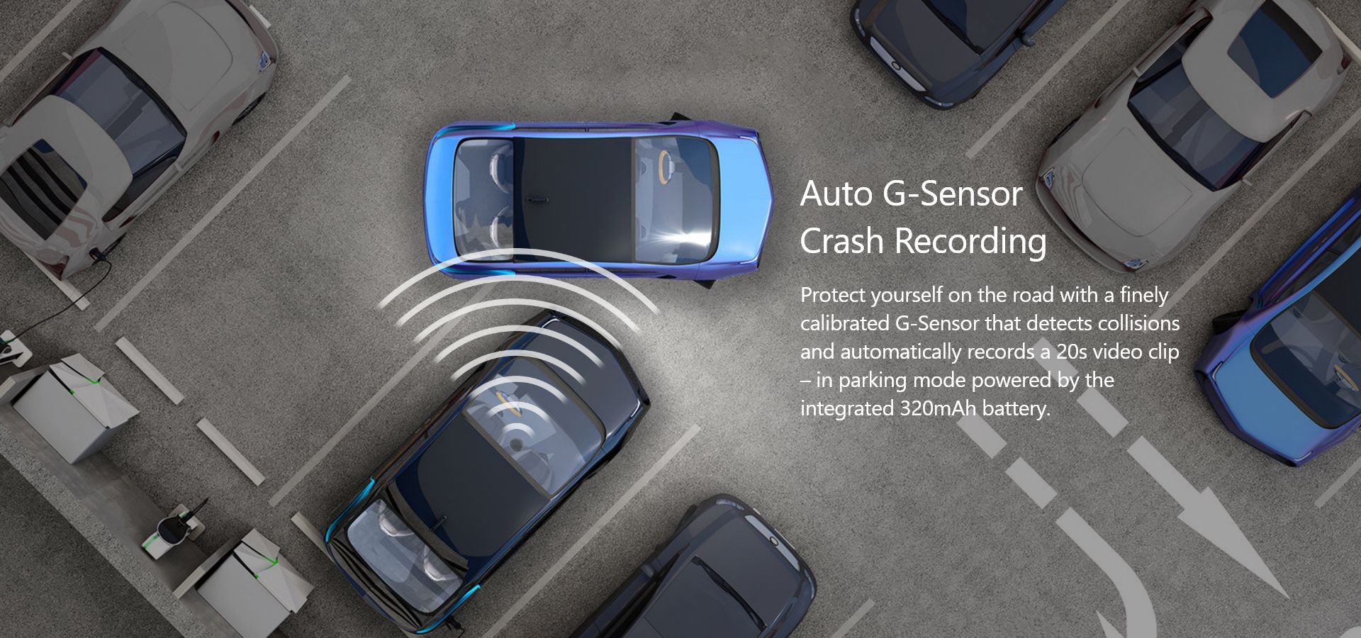 Blue car in a parking lot surrounded by other cars, depicting the VAVA dash cam auto G-sensor crash recording capabilities