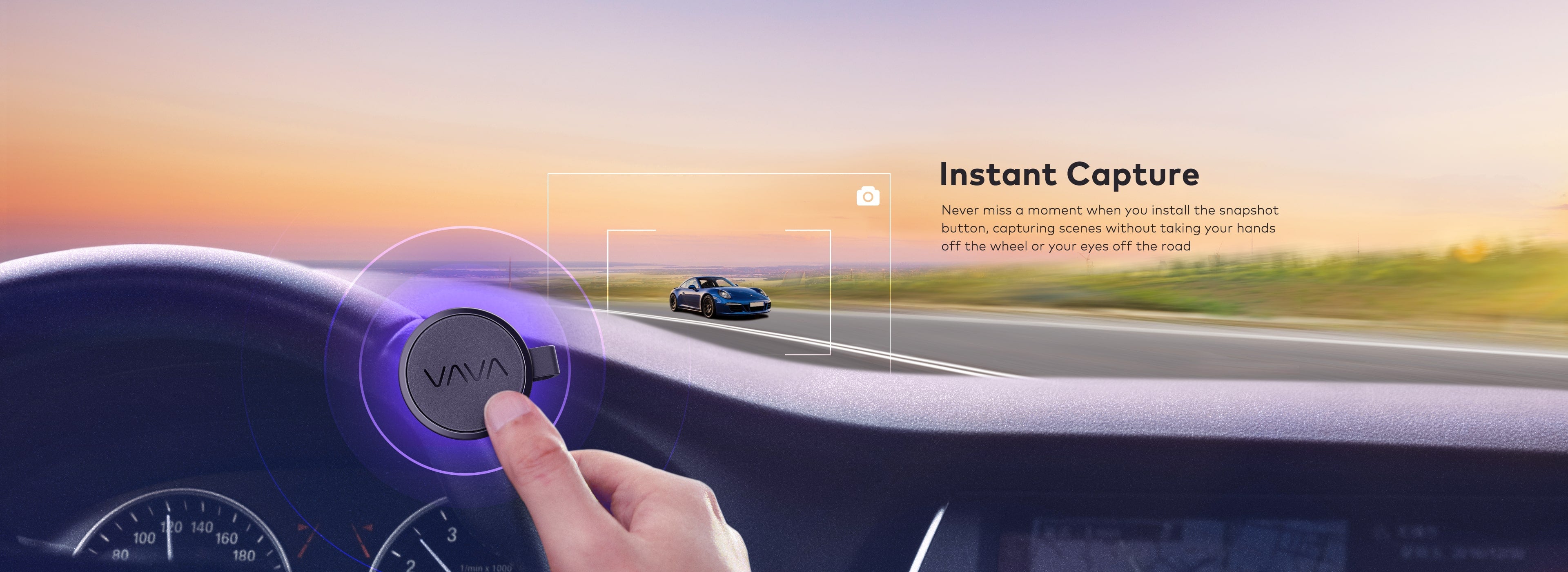 The VAVA dash cam snapshot button installed on a steering wheel so the driver can activate instant capture