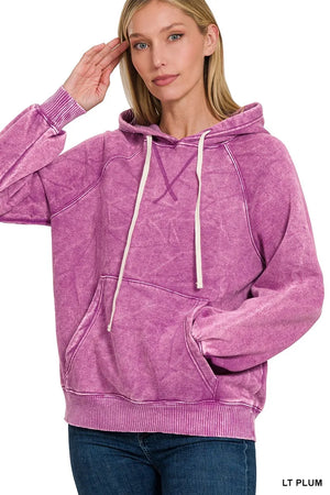 Light Plum Acid Wash Fleece Hoodie with Kangaroo Pocket - Lavender Latte Boutique
