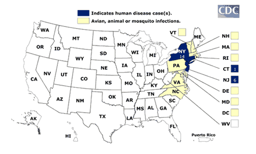 West Nile Virus Distribution Map, Year 2001