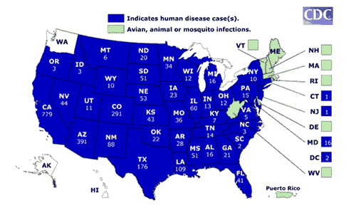 West Nile Virus Distribution Map, Year 2004