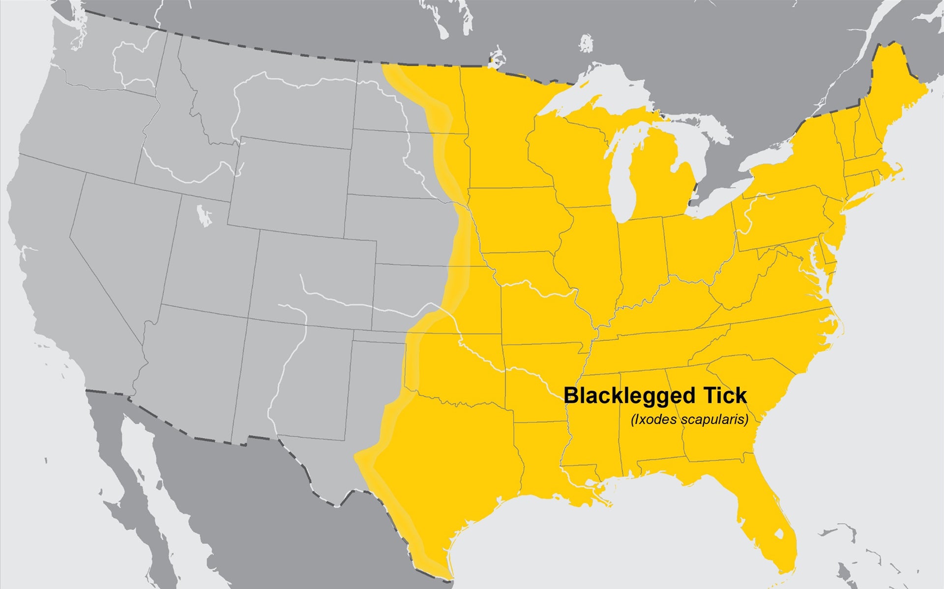 Regions where Blacklegged Ticks may live