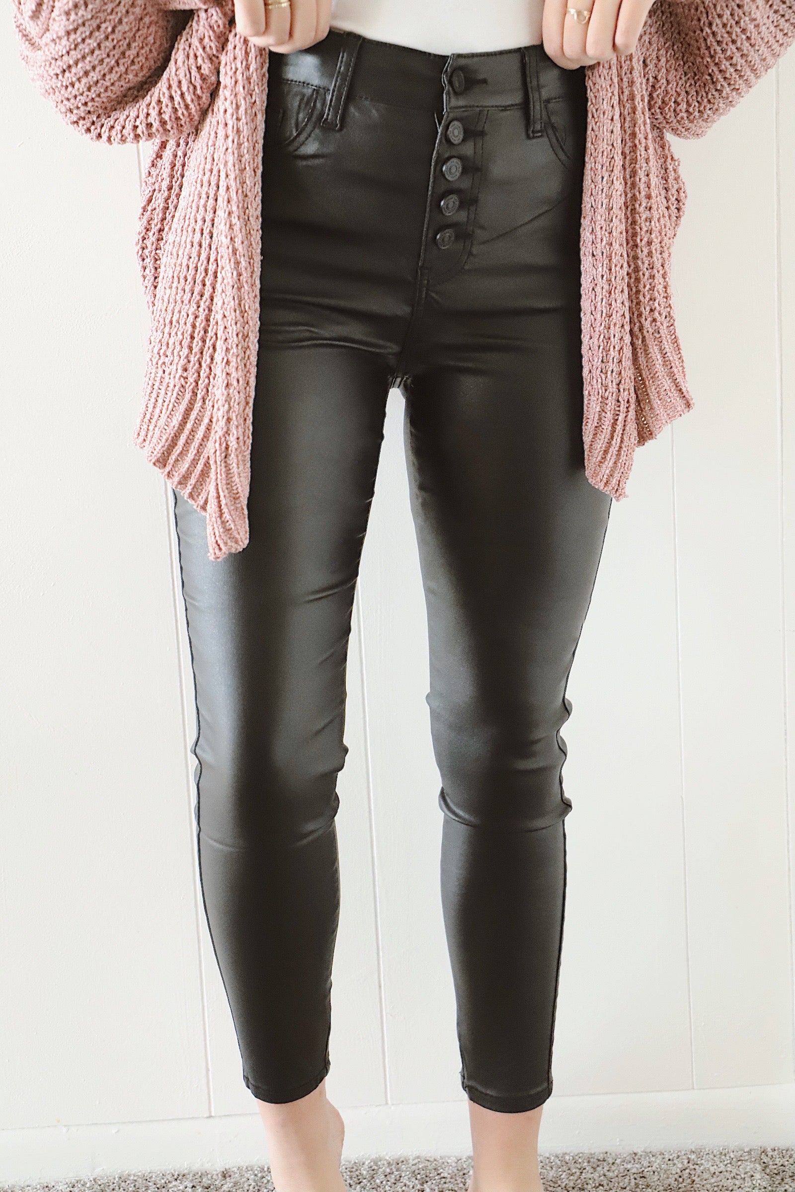 Jade Front Split Faux Leather Leggings in Black