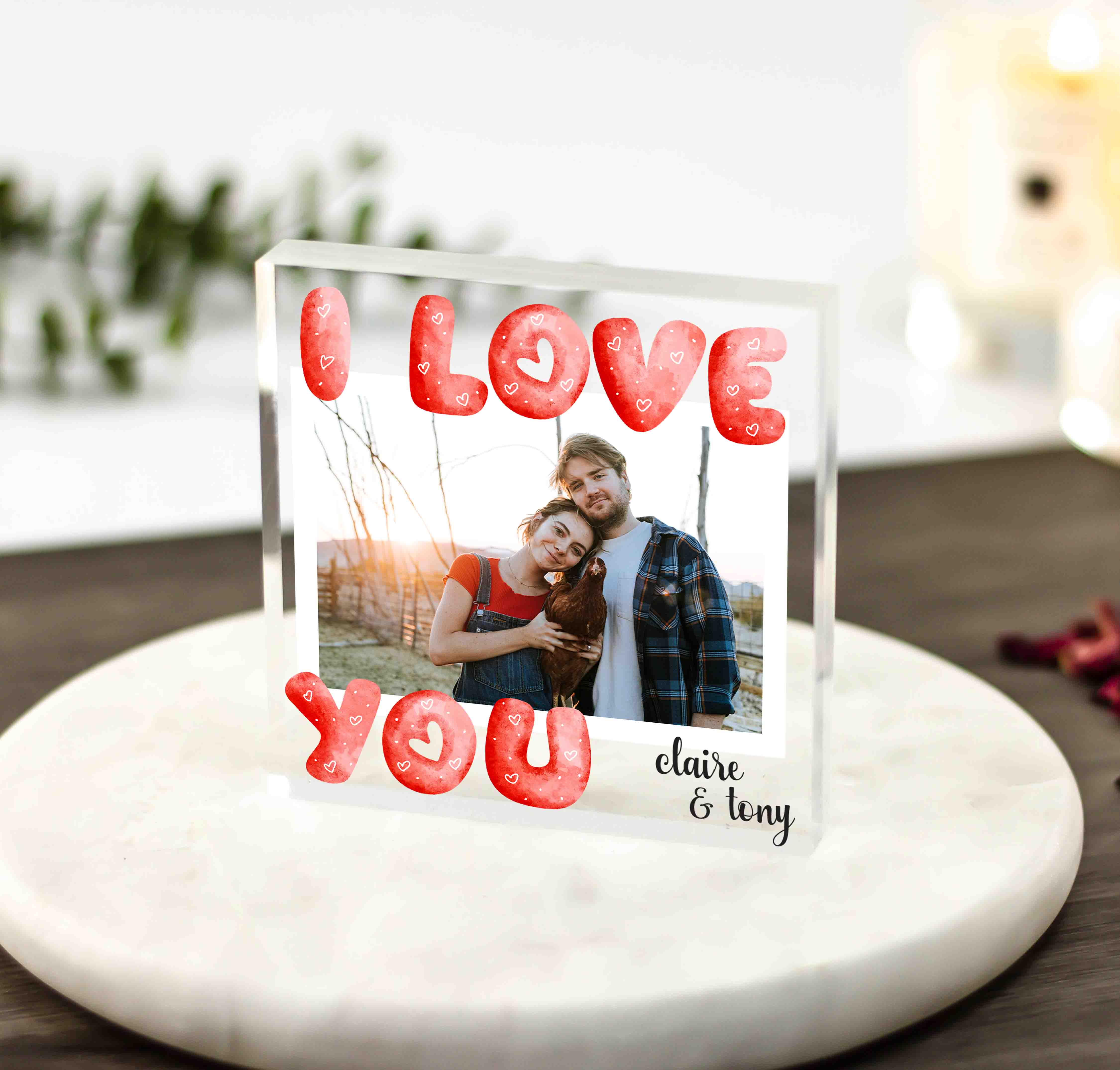 Our First Anniversary Gifts, 1st Anniversary Gifts for Husband Boyfriend,  Personalised 1st Wedding Anniversary, Clear Blocks With Grey Bag 