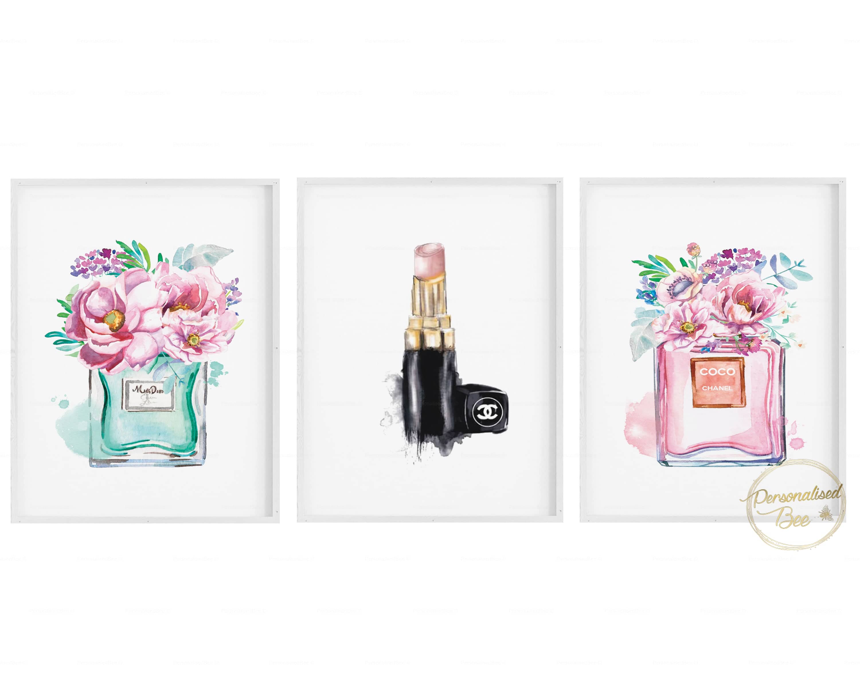 Fashion Prints Wall Art Set of 3 Shoes Perfume Handbag Pink A3 