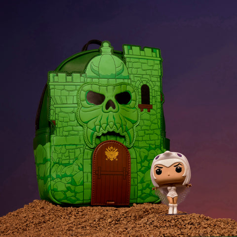 Green castle greyskull backpack with brown door that opens, including a Funko pop